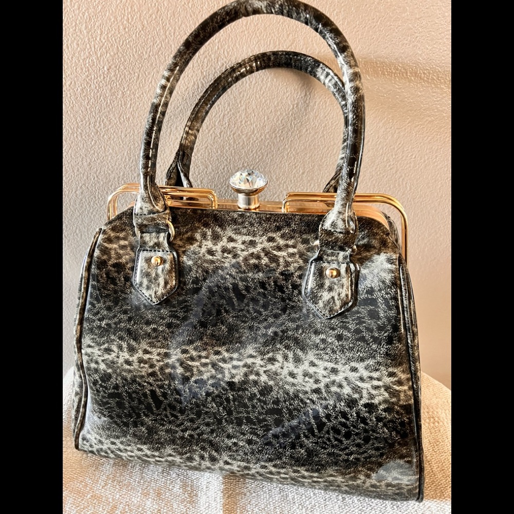 Cheetah Print Bag Gold Trim Hardware Crystal Snap Closure Vinyl NWOT